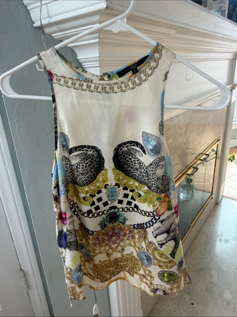 Tibi Cream Sleeveless Silk Top with Gold Chain and Pastel Accents